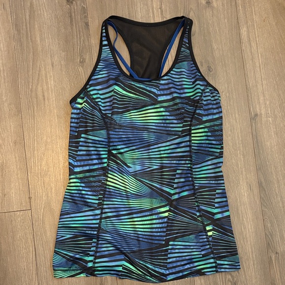 Danskin Blue and Green Striped athletic Tank Top built in bra - Picture 1 of 4